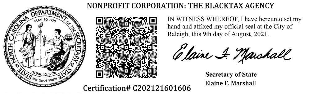 The North Carolina secretary of state seal, certification number and QR code for being a nonprofit organization.