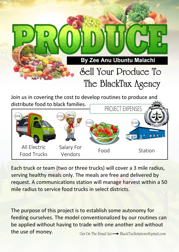 PRODUCE: Sell your produce to The BlackTax Agency as a step toward establishing a network of distribution that we can rely on when we are no longer using money.

Images include expenses such as the cost for food trucks, salary for vendors, the food and station.